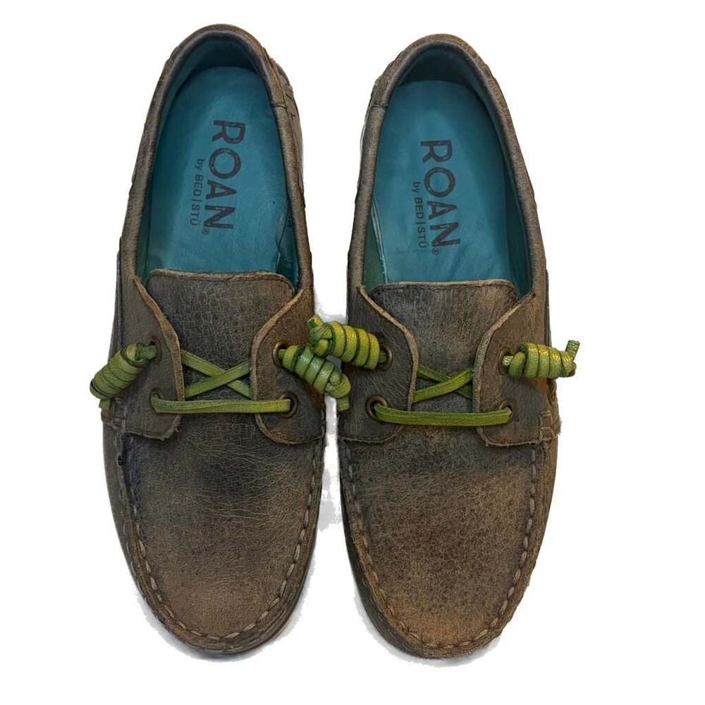 ROAN by Bed Stu Brown Distressed Leather Boat Shoes with Green Laces